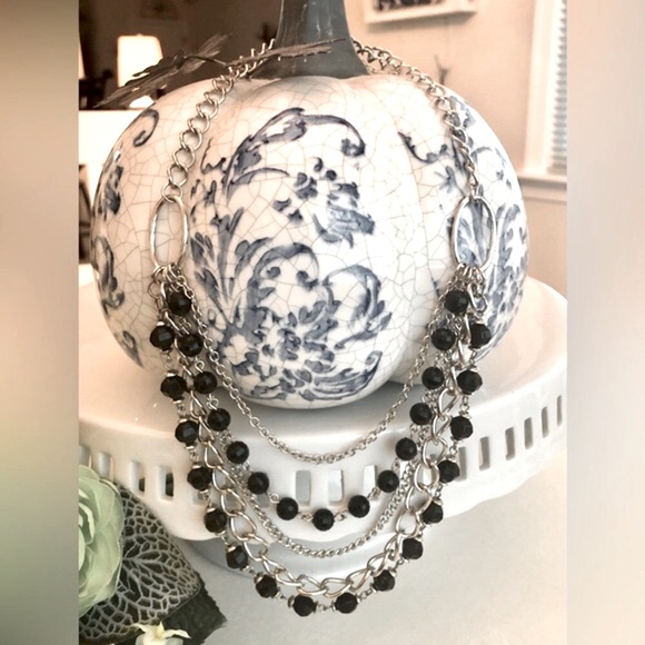 Multi Strand Silver Tone Chain and Black Bead Necklace - Picture 8 of 8